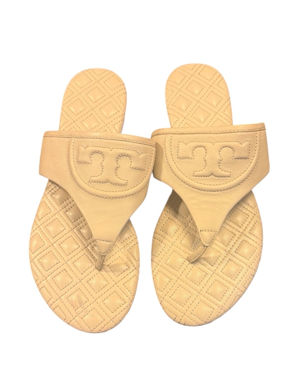Tory Burch Fleming White Cream Quilted Leather Thong Sandals Logo Size 6